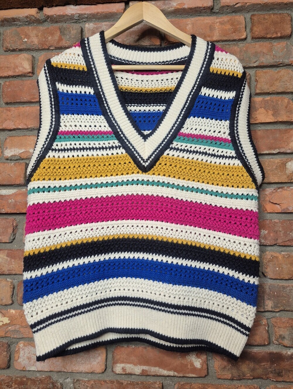 Zara Crochet Knit Sweater Vest Oversized Striped Small Vibrant Preppy